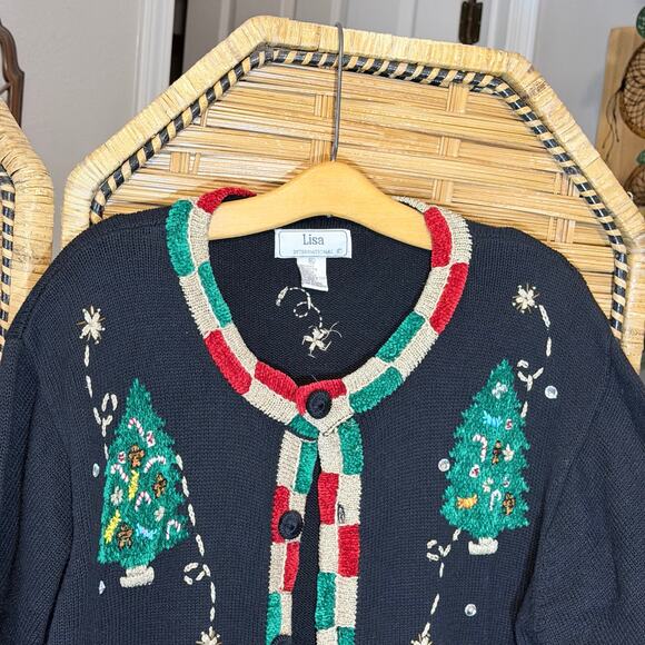 Lisa International Vintage Christmas Tree Cardigan Embellish Holiday Sweater XL - Picture 4 of 7